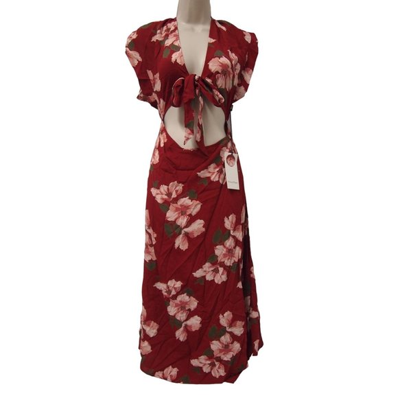 NWT Privacy Please Womens Allard Dress S Red Floral Tie Front Cut Out Midi - Picture 4 of 10